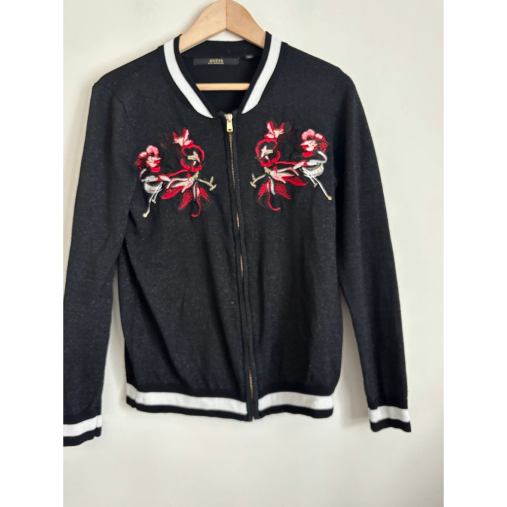 Guess Black Embroidered Varsity Bomber Jacket Womens Medium